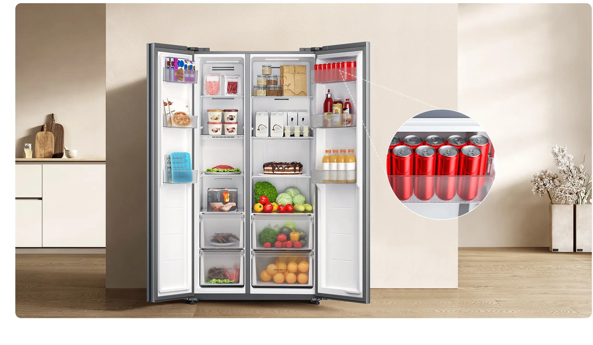 Wnętrze lodówki Mijia Refrigerator Side-by-Side 621L z półkami, szufladami i pojemnikami na napoje