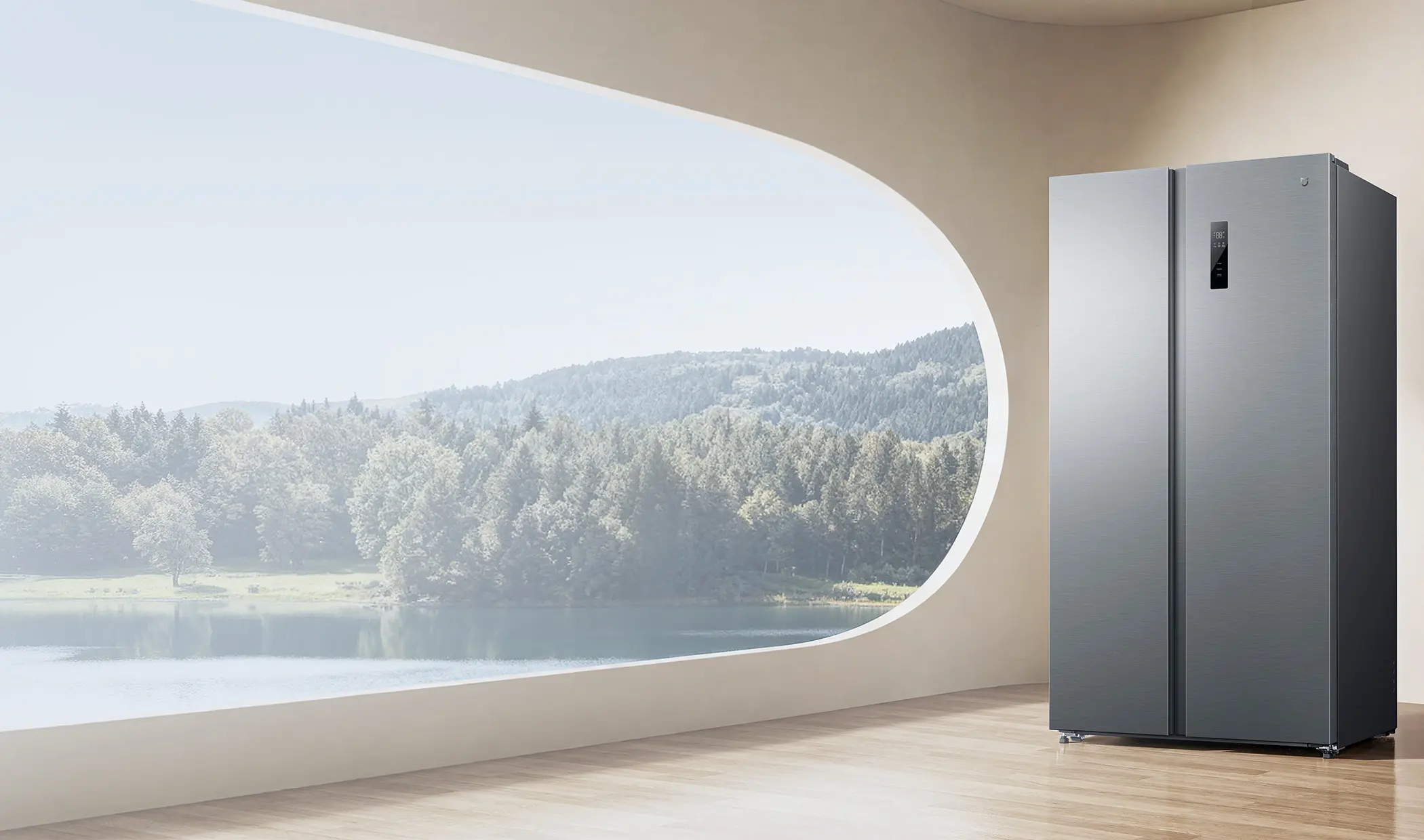 Lodówka Mijia Refrigerator Side-by-Side 621L ustawiona przy panoramicznym oknie z widokiem na jezioro i lasy