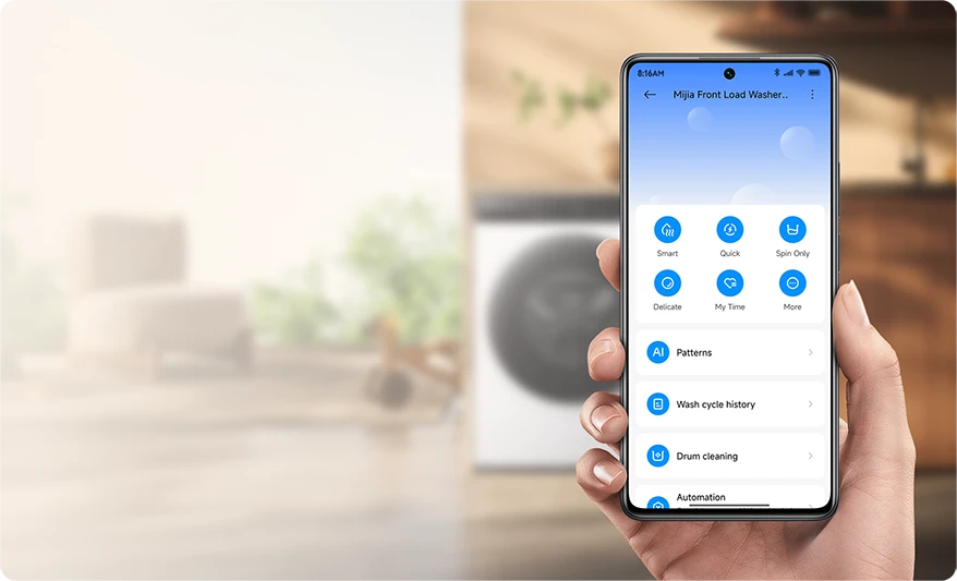 Sterowanie pralką Mijia 8 kg za pomocą aplikacji Mi Home na smartfonie