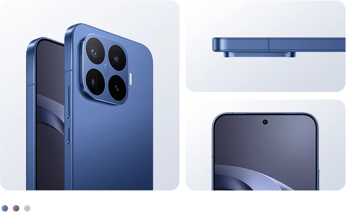 Niebieski smartfon Xiaomi pokazany z tyłu, z boku i od frontu na jasnym tle