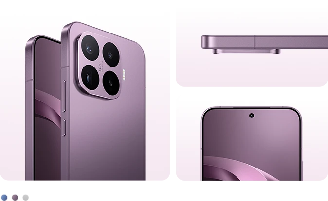Fioletowy smartfon Xiaomi przedstawiony z różnych perspektyw na jasnym tle