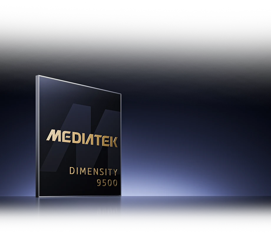 Logo procesora MediaTek Dimensity 9500 na ciemnym tle z niebieskim gradientem