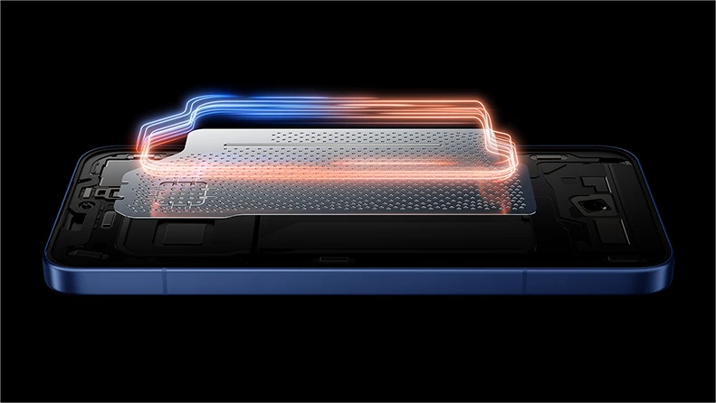 Smartfon Xiaomi z systemem chłodzenia przedstawionym w formie podświetlonych przepływów ciepła