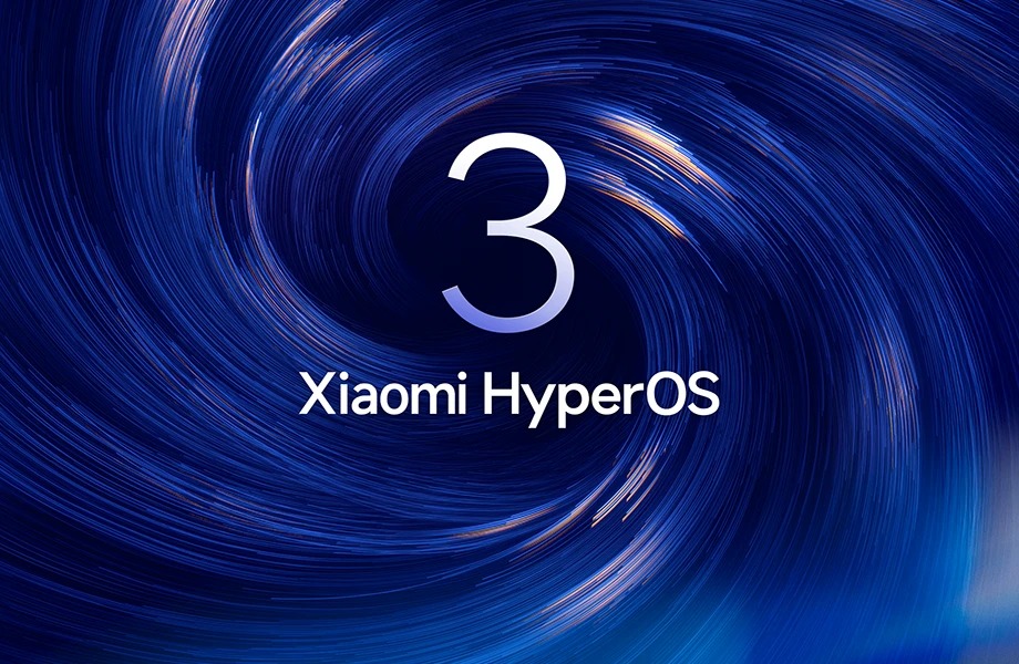 Logo Xiaomi HyperOS 3 na niebieskim tle z dynamicznym wzorem świetlnym