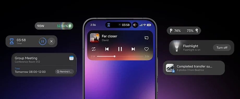 Interfejs Xiaomi HyperOS wyświetlany na ekranie smartfona Xiaomi z widżetami i sterowaniem urządzeniem