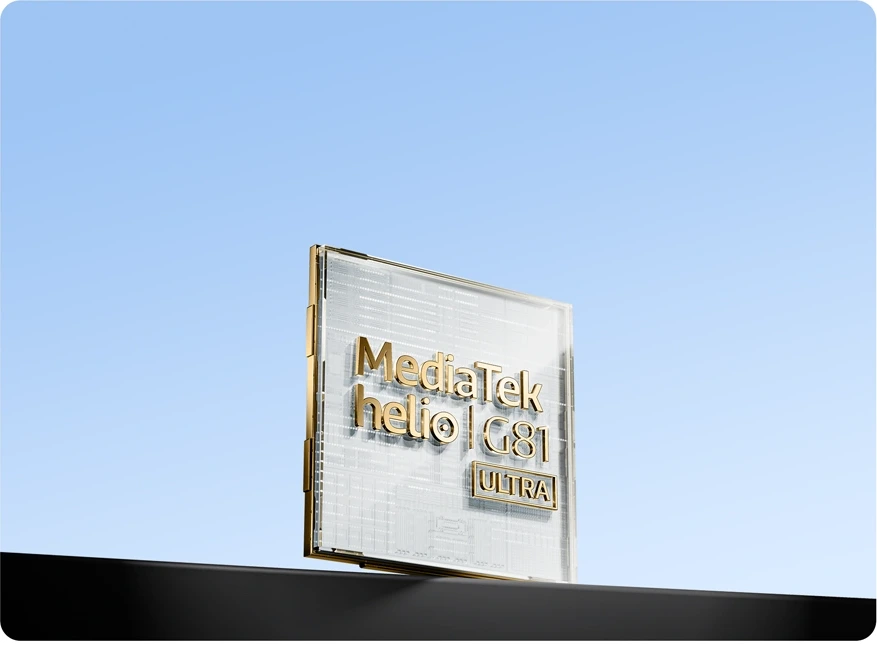 Ilustracja układu MediaTek Helio G81 Ultra na niebieskim tle, podkreślająca wydajność smartfona Redmi 15C