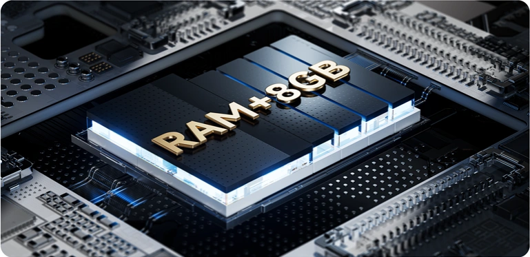 Grafika ukazująca moduł RAM +8 GB na płycie głównej telefonu Redmi 15C.