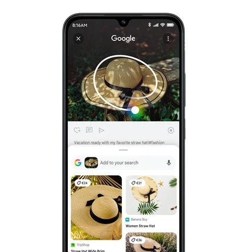 Smartfon Redmi 15C z otwartą aplikacją Google Lens, wyszukiwanie produktu po zdjęciu kapelusza.
