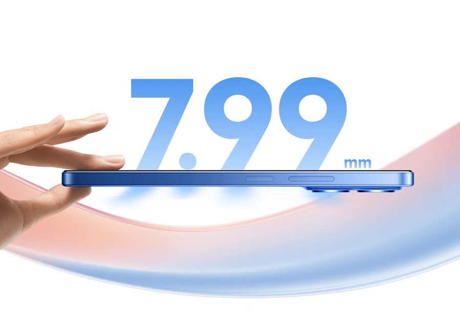 Smukły profil smartfona Redmi 15C w kolorze niebieskim z napisem 7.99 mm, trzymany między palcami.