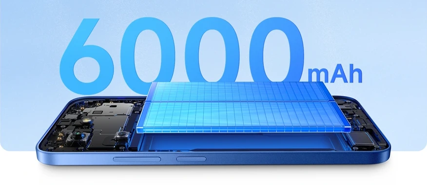 Smartfon Redmi 15C z wizualizacją baterii 6000 mAh i komponentami wewnętrznymi
