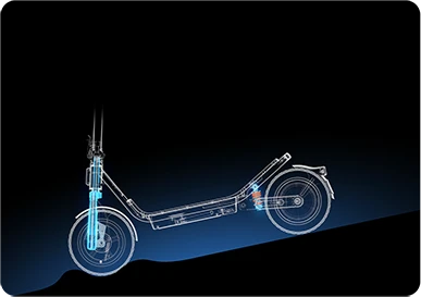 Schemat konstrukcji ramy i zawieszenia Xiaomi Electric Scooter 6 w widoku technicznym