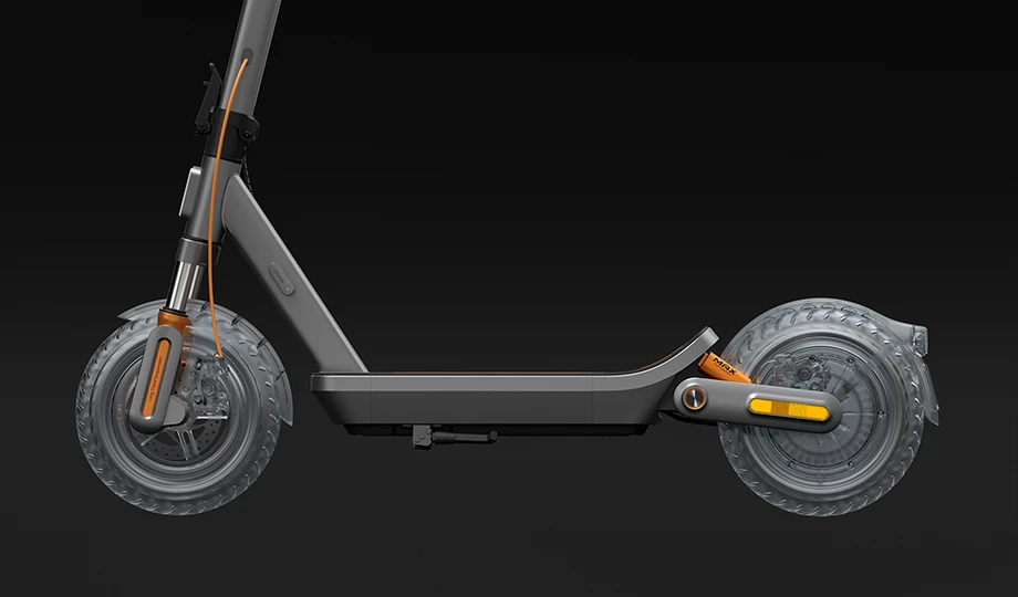 Xiaomi Electric Scooter 6 Max widok boczny z przezroczystymi kołami i układem hamulcowym