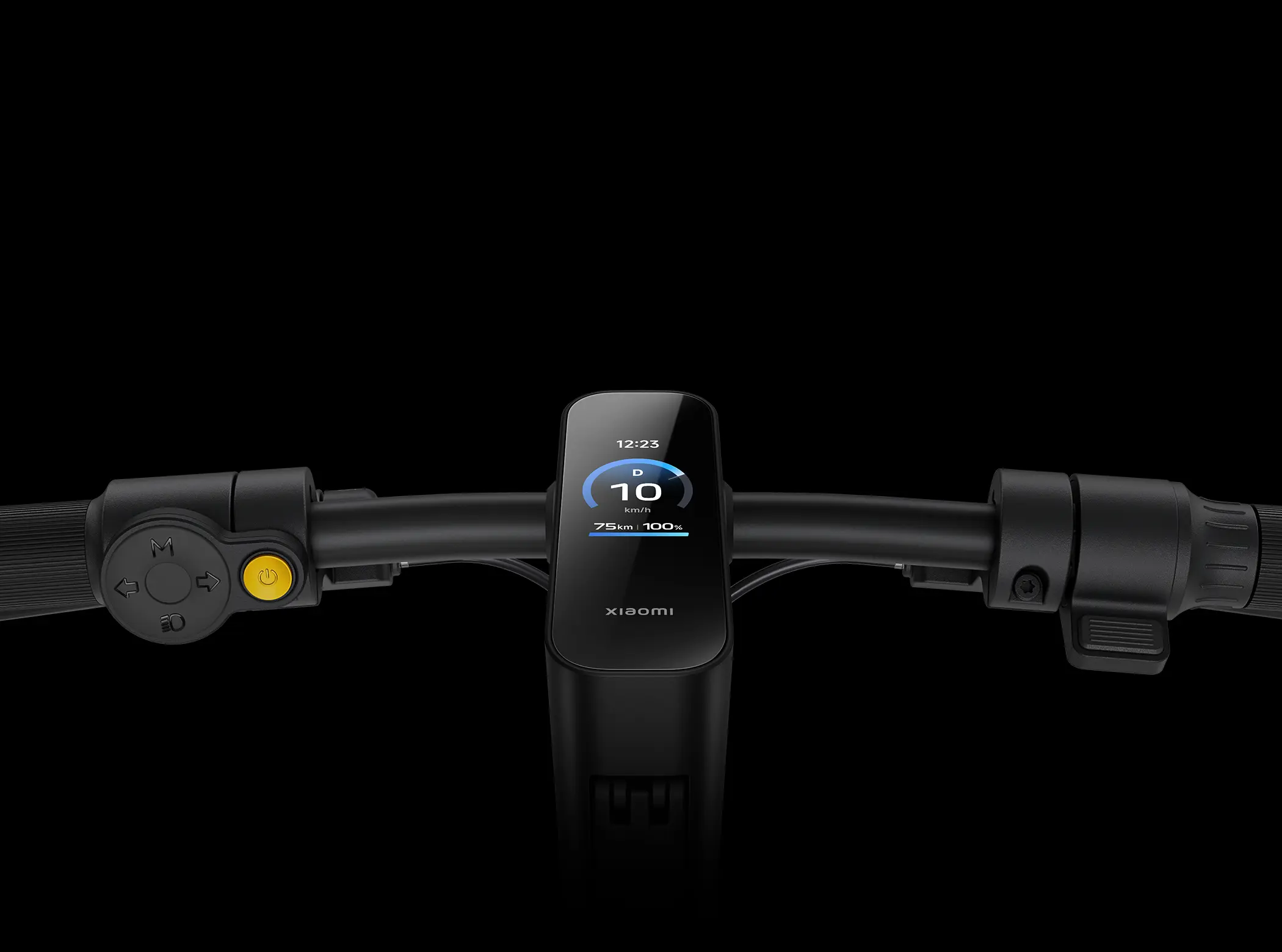 Wyświetlacz w Xiaomi Scooter 6 Ultra na kierownicy pokazujący prędkość i poziom baterii