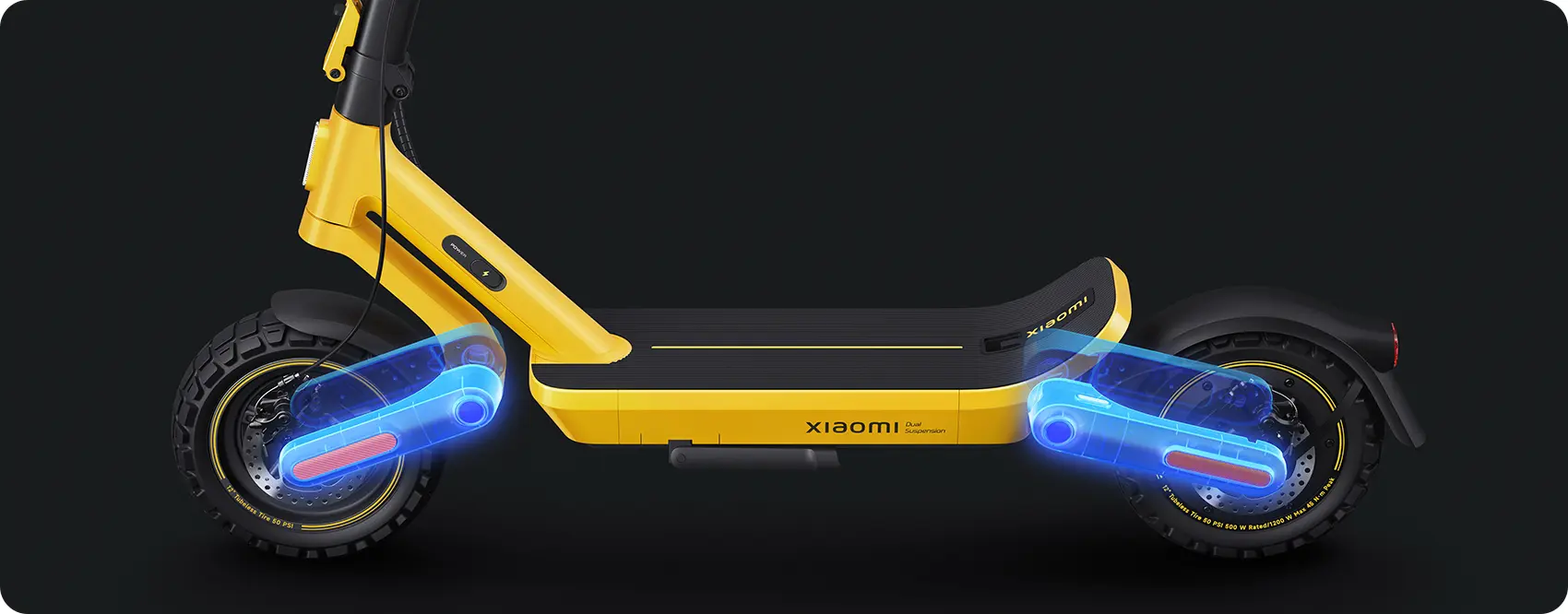 Hulajnoga Xiaomi z wizualizacją podwójnego zawieszenia przedniego i tylnego koła