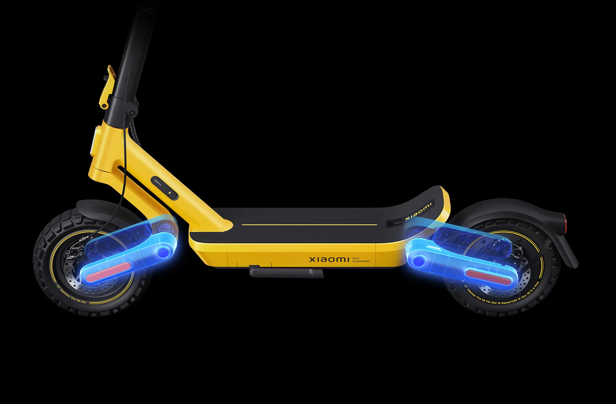 System podwójnego zawieszenia w Xiaomi Scooter 6 Ultra z wizualizacją amortyzacji przedniego i tylnego koła