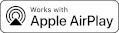 Logo „Works with Apple AirPlay” z ikoną przesyłania i czarnym tekstem na białym tle w ramce.